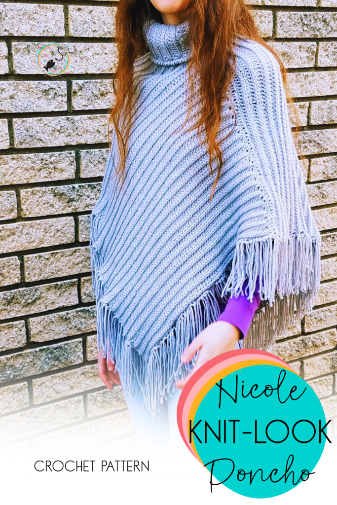 Pinterest image for nicole knit-look crochet poncho.