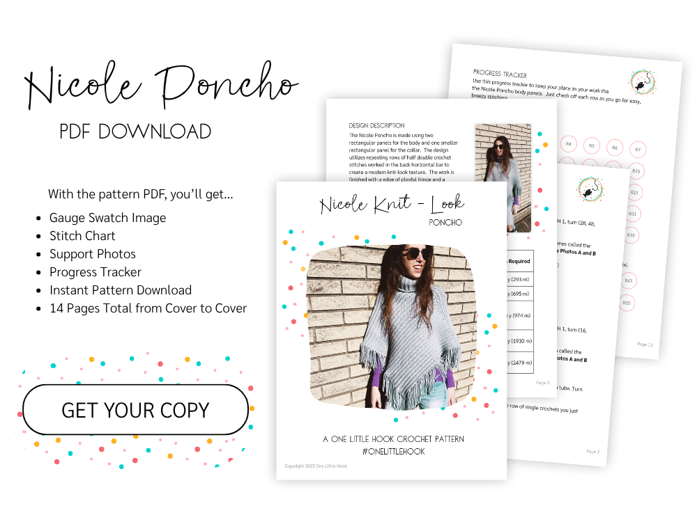 Image mockup and link to purchase nicole knit-look crochet poncho pattern on ravelry.